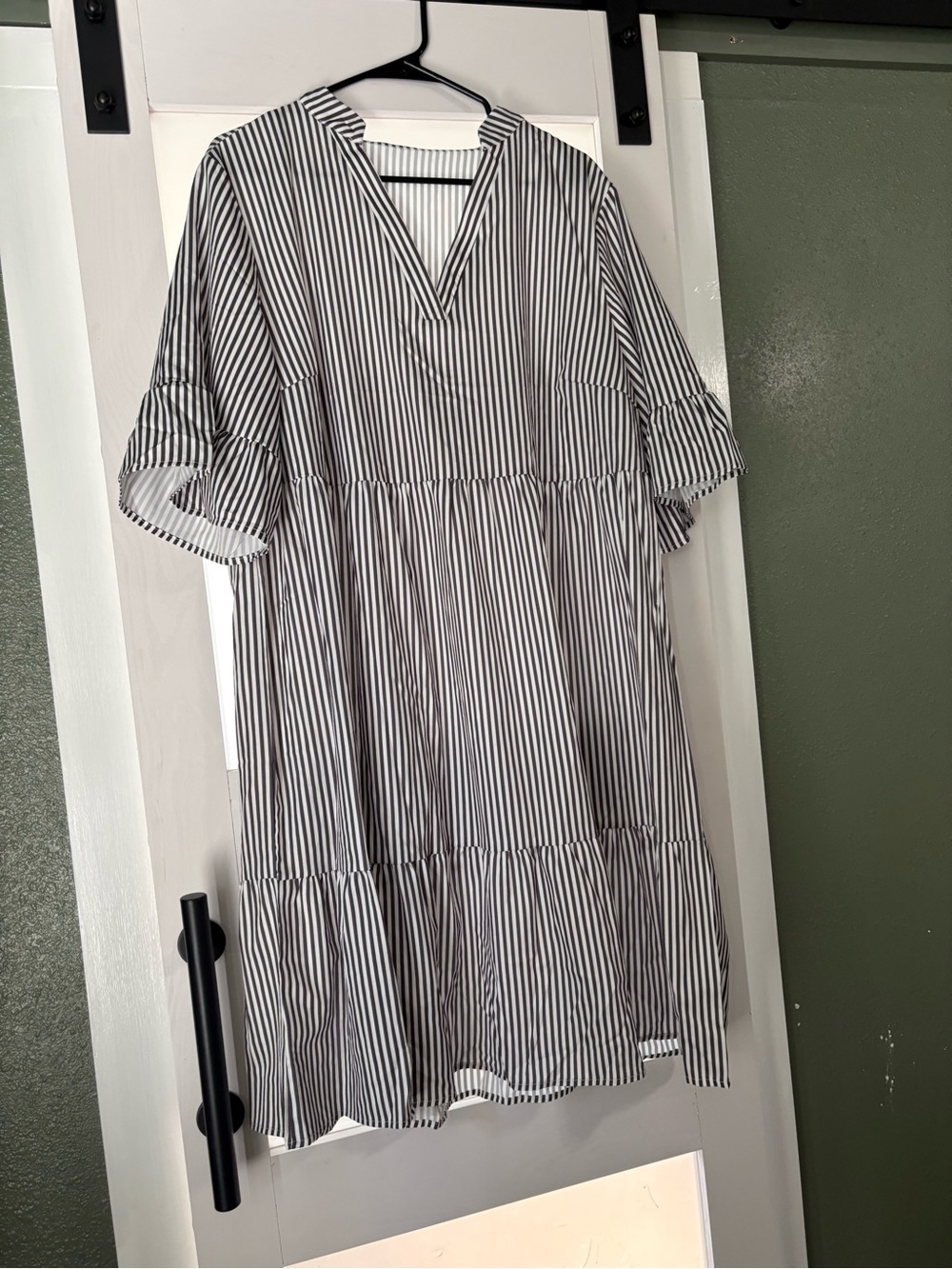 Striped V-Neck Tiered Swing Dress in Black and White